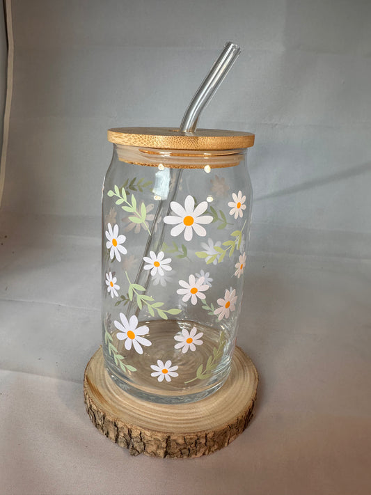 Trinkglas DAISY mit Bambusdeckel und Strohalm - verspielt & süß